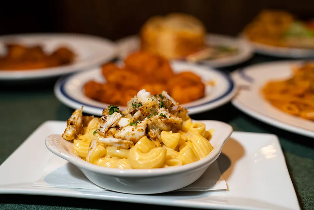 Mac and cheese with a piece of fried chicken